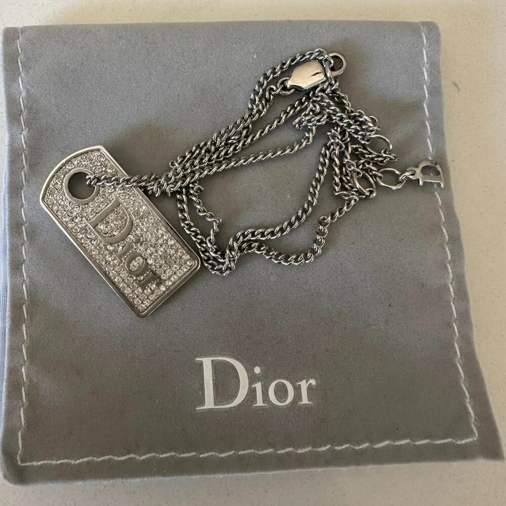 Dior Silverplated Crystal Dog Tag Necklace